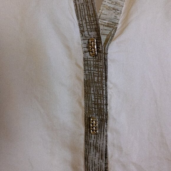 Sheer Vintage Caché 100% Silk Gold Trim Button-Up Blouse - Picture 6 of 7